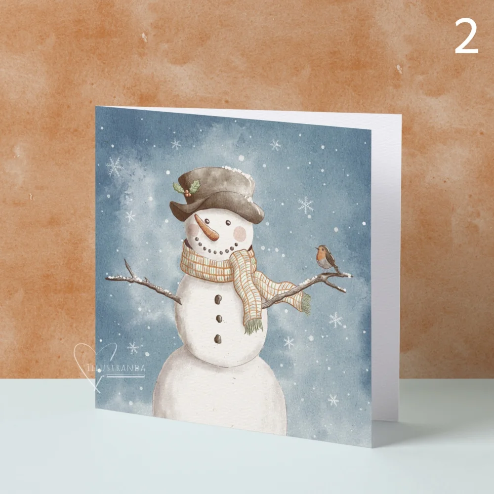 Aquarel kerstkaart met sneeuwpop en roodborstje