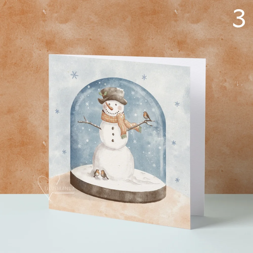 Kerstkaart met sneeuwpop in een snowglobe
