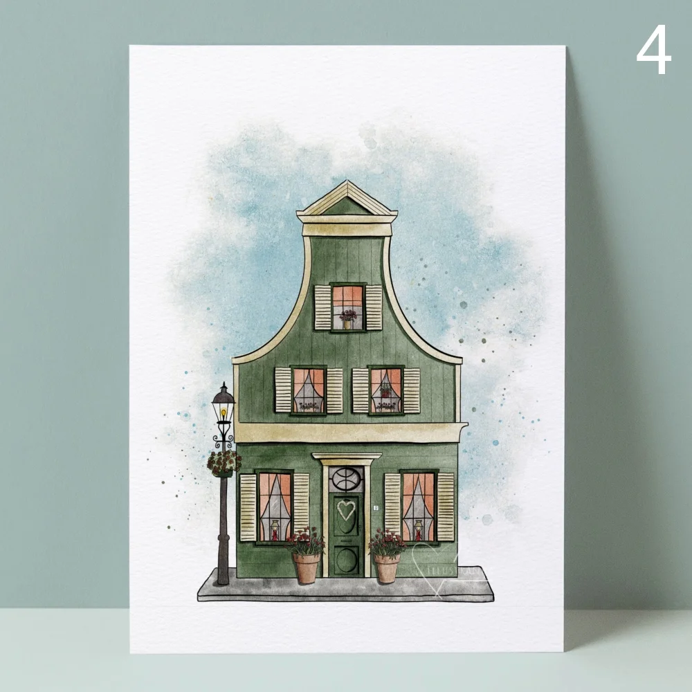 A5 art print met traditioneel groen Zaans huis met vintage lantaarnpaal in aquarel