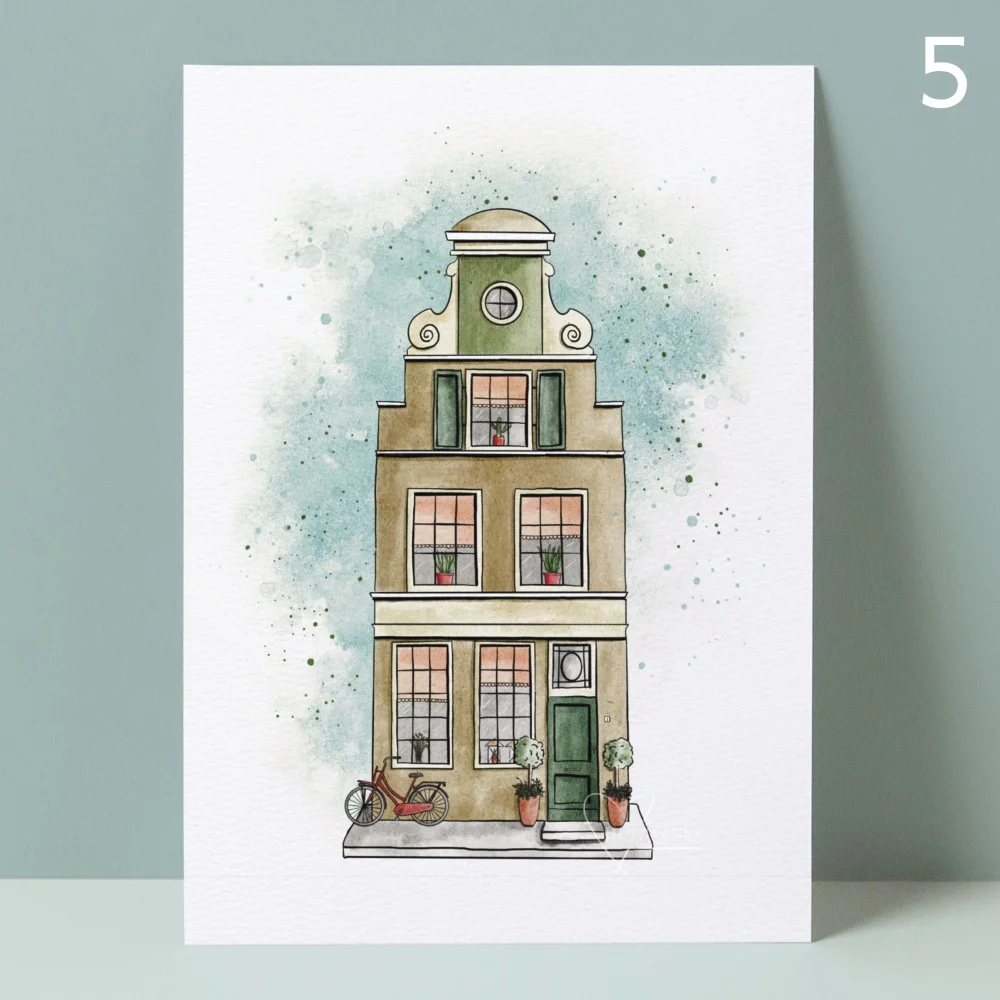 A5 print grachtenpand met rode fiets in aquarel