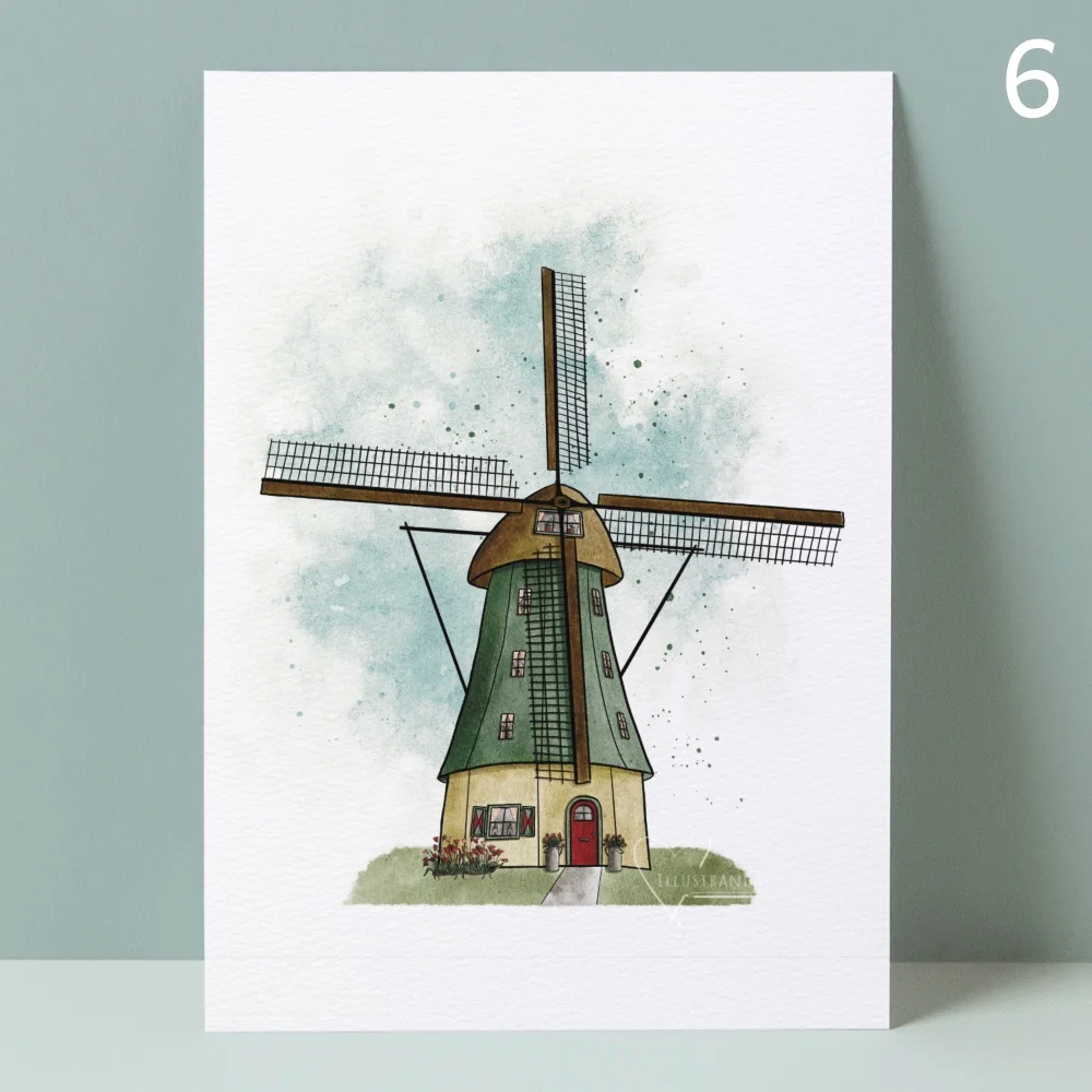 Oude windmolen aquarel kaart/art print